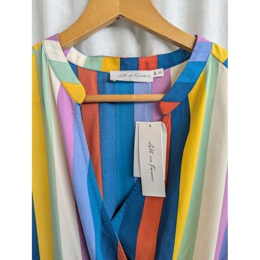 All in Favor women's size XL colorful striped mini dress, long sleeve, v neck C7 - Picture 2 of 12